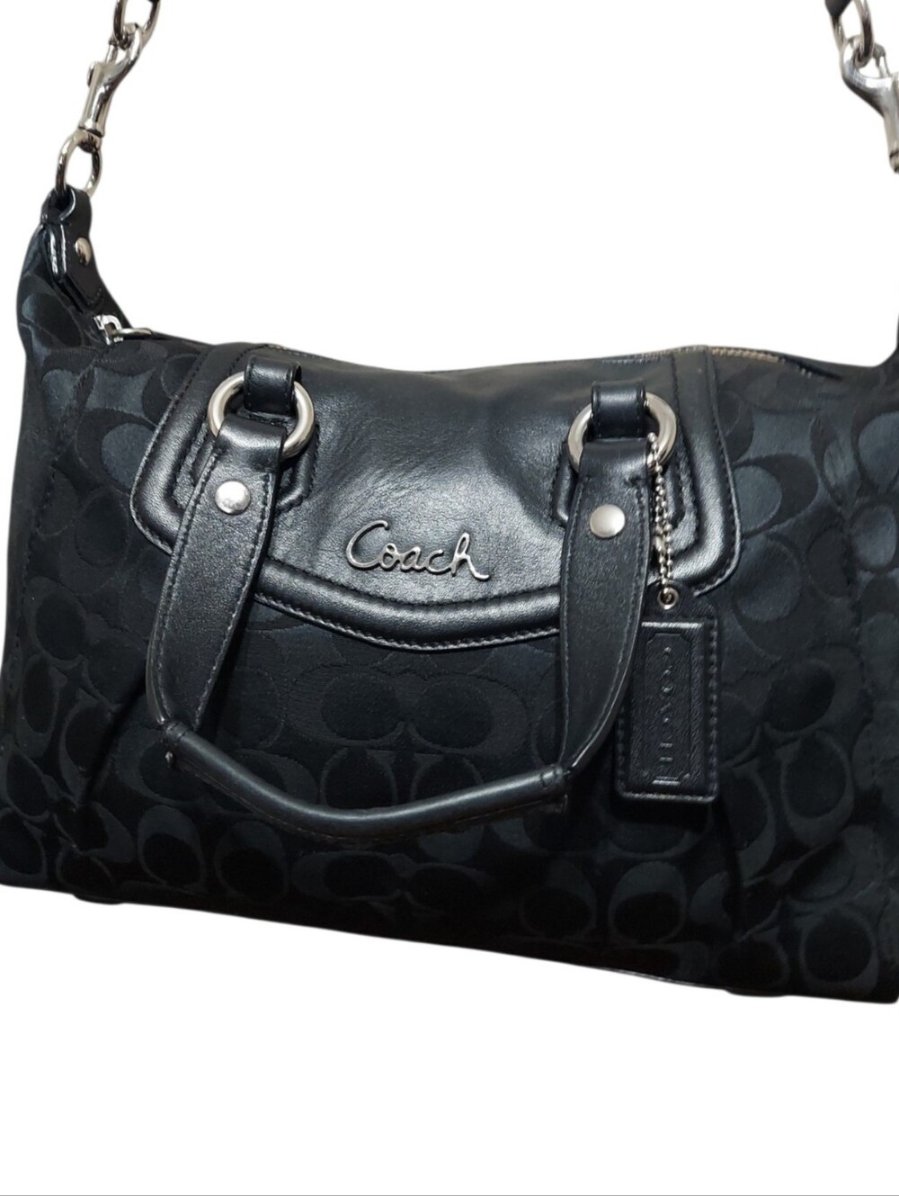 Coach Ashley Signature C Jacquard & Leather Shoulder Satchel W/ Chrome HW F19242 - Picture 5 of 13